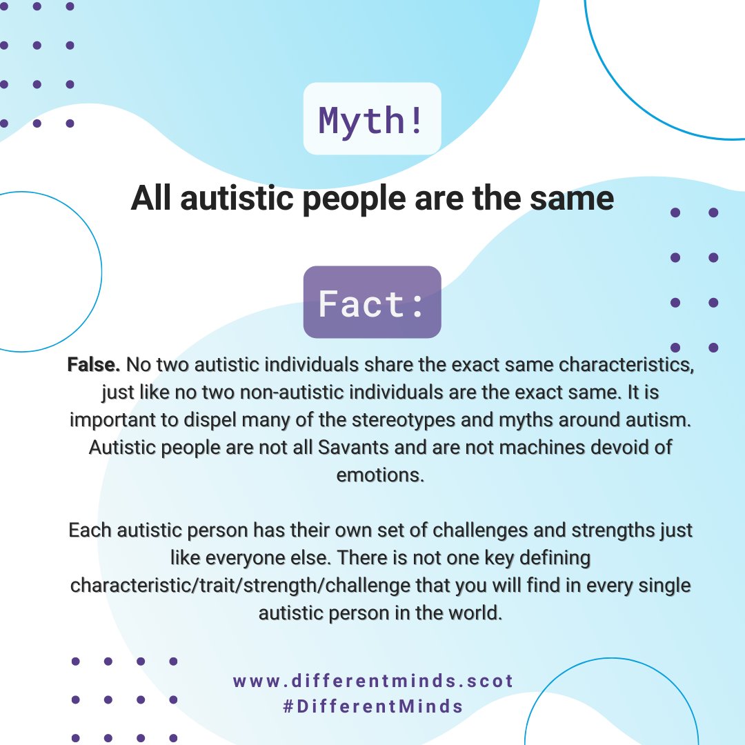 It’s important that we all understand more about #autism – both what it is, and what it's not
Some facts Vs fiction about autism with the help of DifferentMinds.scot.
bit.ly/36enxa4
#DifferentMinds #Autistic #Acceptance #AutismSpectrum #AutismAcceptance #Scotland