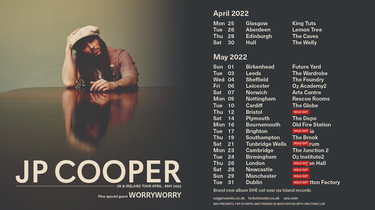 SUPPORT ADDED: Joining <a href="/JPCooperMusic/">JP Cooper</a> on his UK tour will be <a href="/worryaboutwhen/">WORRYWORRY</a>! Tickets: aegp.uk/jp-cooper ✨