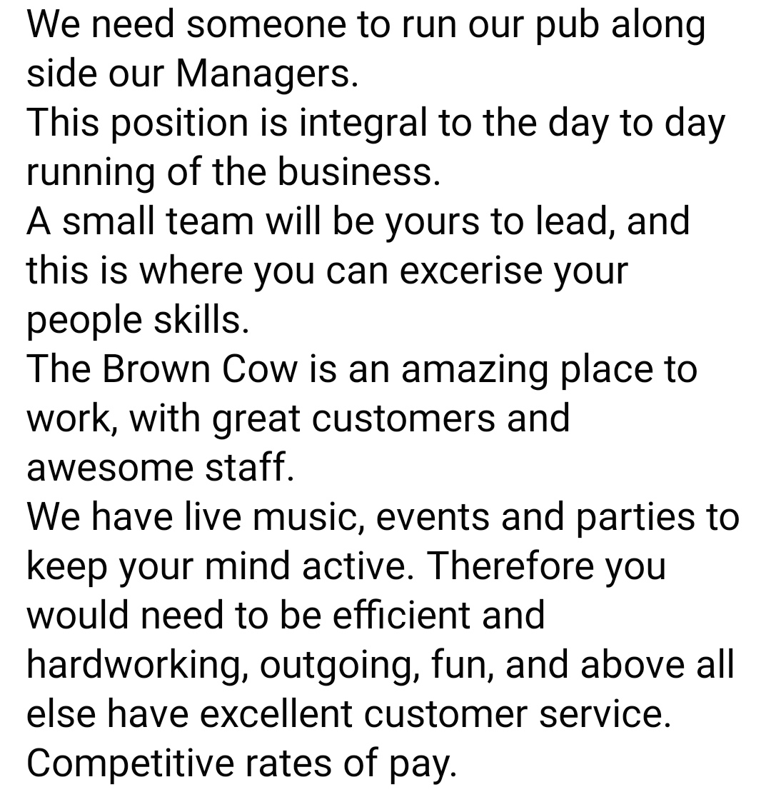 For more details email
managers@browncow-mansfield.co.uk