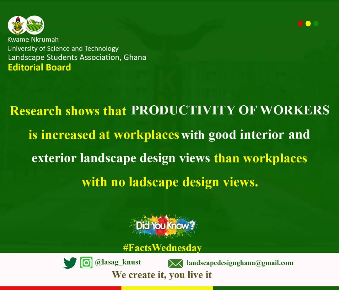 lasag_knust's tweet photo. 💚🌼💚🌼💚🌼💚🌼💚🌼
A good interior and exterior landscape design aids in concentration, reduces stress and have a positive effect of the general well-being of workers. This helps workers to work more efficiently and effectively resulting in productivity increase
#FactsWednesday https://t.co/PZDX5uwyJ4