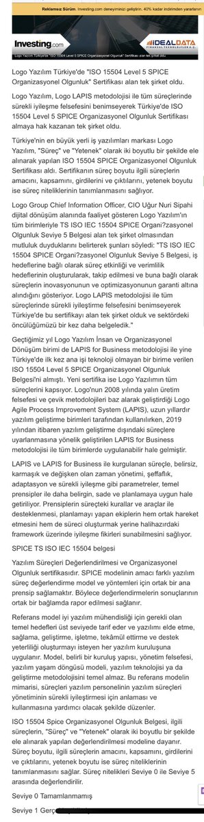 Türkiye'de 'ISO 15504 Level 5 SPICE Organizasyonel Olgunluk' Sertifikası alan tek şirket yazılım şirketi #LOGO