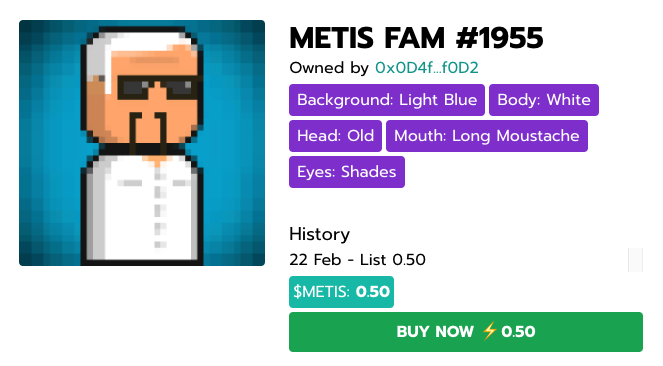 <a href="/MetisFam/">Metis Fam</a> #1955 is a pretty bad-ass grandpa!
Get this #NFT at @MetisMarket for 0.5 $METIS before <a href="/kfc/">KFC</a> finds out!
