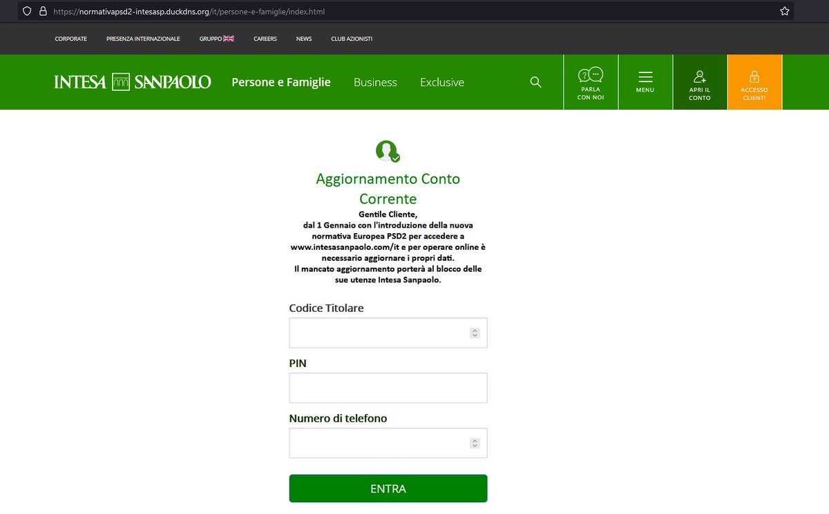 JAMESWT_WT's tweet photo. #phishing @intesasanpaolo @IntesaSP_Help 

hXXps://normativapsd2-intesasp.duckdns.org/

H/T @malwrhunterteam https://t.co/LFLoMPV47M