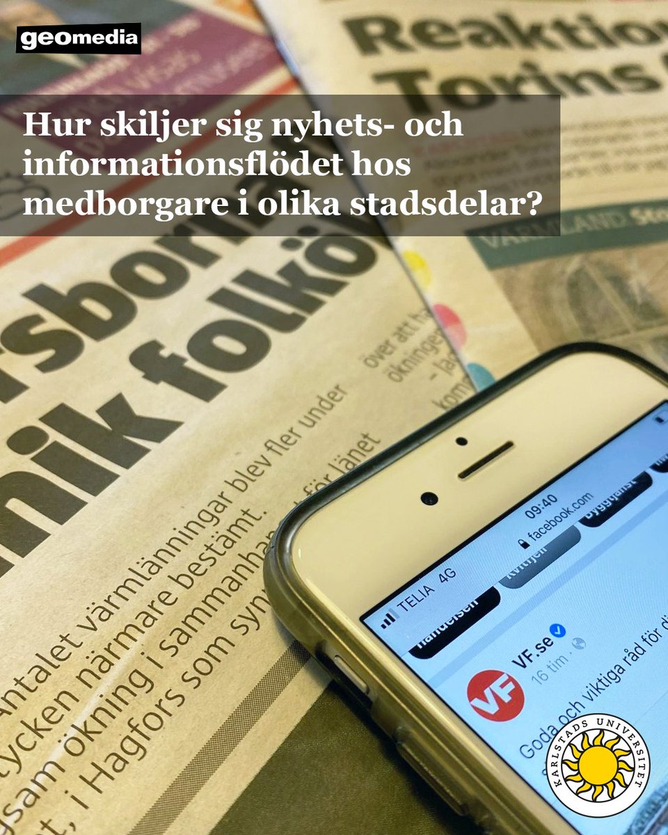 Hyperlokal information i Karlstads kommun. Hur skiljer sig nyhets- och informationsflödet hos medborgare i olika stadsdelar? I en forskningsartikel har Henrik Örnebring och Erika Hellekant-Rowe studerat sex områden i Karlstads kommun. kau.se/nyheter/hyperl… #nwt #vf