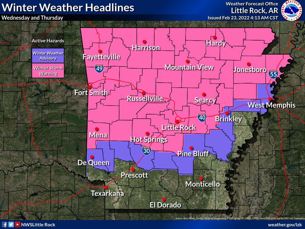 The winter storm warning has been expanded to the south as the overall forecast continues to trend colder. It still looks like freezing rain will be the primary concern with some sleet or snow also a possibility. #arwx