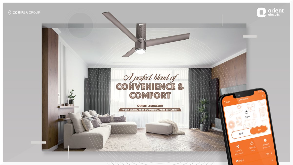 orient_electric's tweet photo. Elevate your comfort with Orient #Aeroslim, India’s first IoT-enabled ceiling fan.
#aFanUnlikeAnyOther #Fantelligence https://t.co/HRZzM39RYu