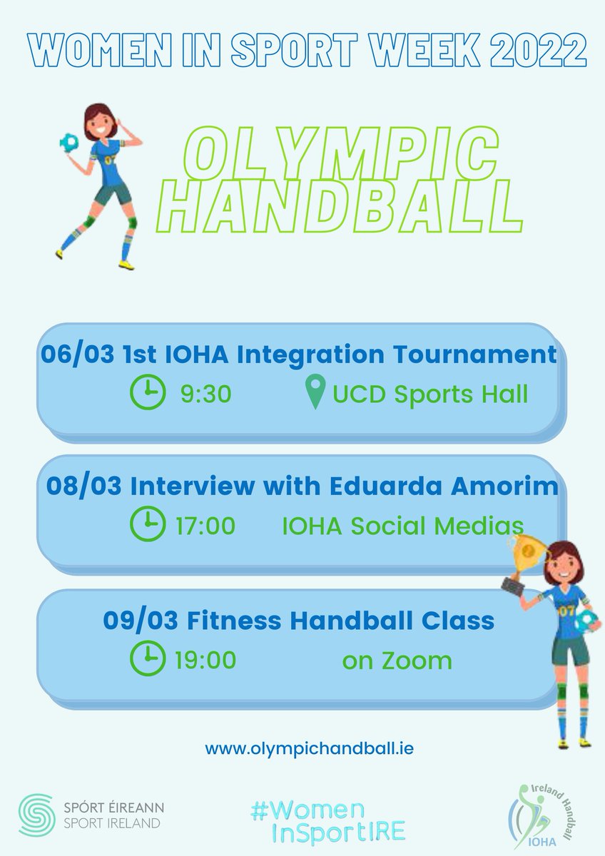 IOHA Women in Sport Week 2022!! 

Keep an eye in our social media as we'll share more information about each event separately! 

Share with people you know! Participate with us 🤾🏻‍♀️

<a href="/sportireland/">Sport Ireland</a> 

#irelandhandball #handballireland #wisweek #womeninsport #womeninsportweek2022