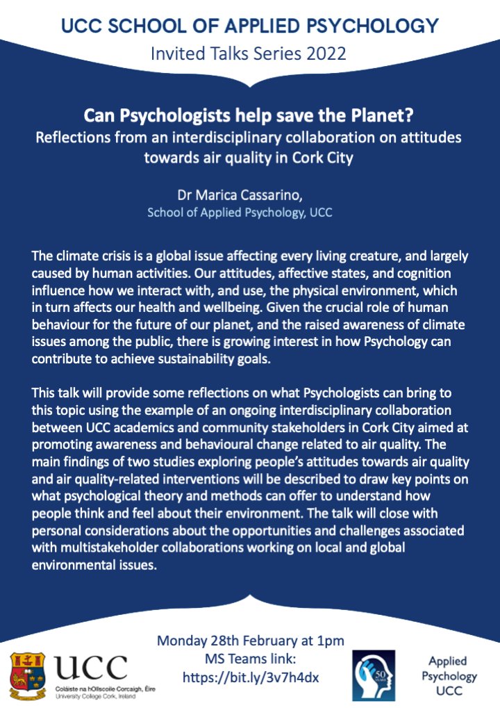 AppPsychUCC's tweet photo. Next Monday at our research seminar (1pm), @MaricaCassarino will ask: "Can Psychologists help save the Planet?
Reflections from an interdisciplinary collaboration on attitudes towards air quality in Cork City" All welcome to attend online: https://t.co/mRQ37UXz9v https://t.co/1lcvnp1XSF
