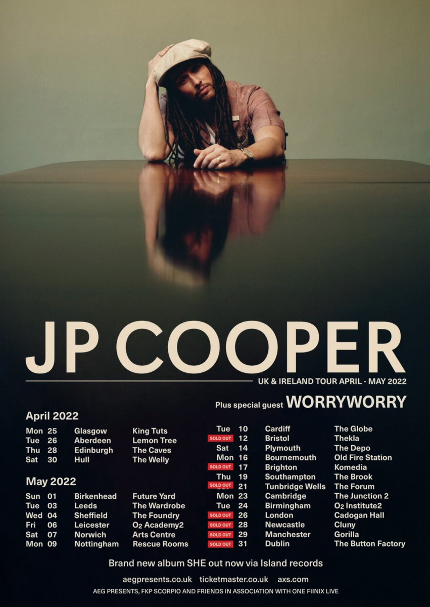 JP Cooper (@jpcoopermusic) on Twitter photo I'm very excited to introduce you to <a href="/worryaboutwhen/">WORRYWORRY</a> as support for the SHE tour... There are limited tickets left so get yours now to avoid disappointment… I can't wait to play my new album SHE for you, along with a few that you may have heard before...
jpcoopermusic.com/#live I'm very excited to introduce you to <a href="/worryaboutwhen/">WORRYWORRY</a> as support for the SHE tour... There are limited tickets left so get yours now to avoid disappointment… I can't wait to play my new album SHE for you, along with a few that you may have heard before...
jpcoopermusic.com/#live