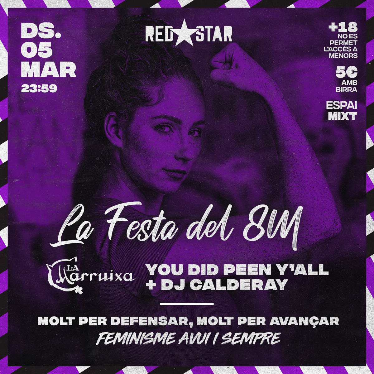 salaredstar's tweet photo. Dissabte 5 MARÇ a la @salaredstar fem plegades la prèvia del 8M amb el col·lectiu feminista @lamarruixa i la canya de les dj's @judithpinyol_ i #DjCalderay. Festa si, lluita també! ESPAI MIXT! https://t.co/J8h8uGeRm2