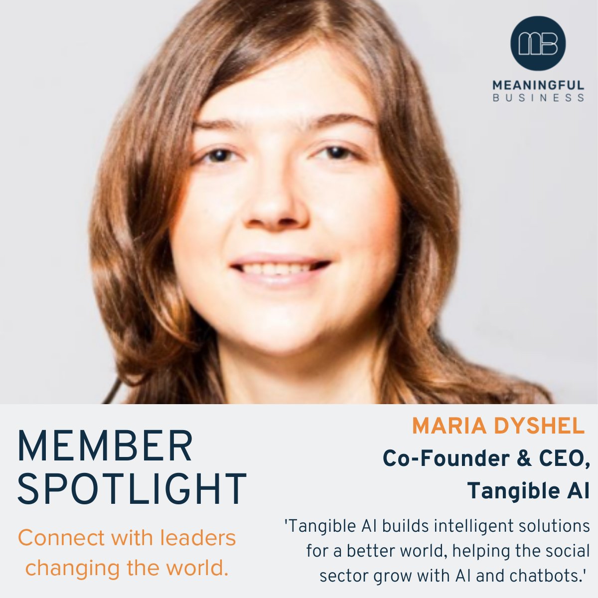 MB_Community's tweet photo. Introducing @MDyshel, Co-Founder &amp; CEO, @TangibleAI, who's helping non-profits and social businesses leverage #machinelearning to scale their positive impact.

Apply to join Maria in the #MeaningfulBusiness membership network here: https://t.co/Je5ZdOkXsn

#MBCommunity #SDGs https://t.co/8duuxzdCg5