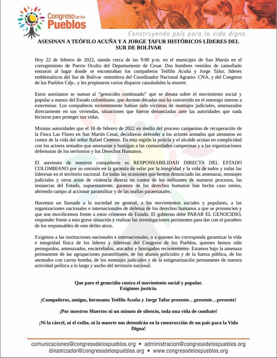 MarylenSerna's tweet photo. #DerechosHumanos @C_Pueblos @CNA_Colombia denuncia el asesinato de sus líderes emblemáticos e históricos de las luchas por la vida, el territorio y la paz en el Magdalena medio, Sur de Bolivar, César y los Santanderes, Teófilo Acuña y Jorge Tafur. #serlidersocialnoesdelito https://t.co/a5mbFwgOoJ