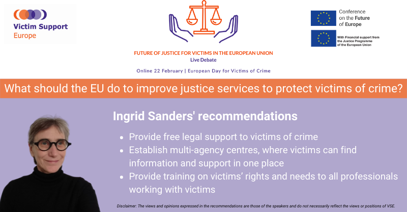 VictimSupportEU's tweet photo. Following the #22February #debate, we will share today our speakers' recommendations to promote a criminal justice system that ensures #SafeJusticeForVictims
👇Find below Ingrid Sanders' views on tackling some of the key issues around #underreporting of #crime
#TheFutureIsYours https://t.co/D5281AUL5t