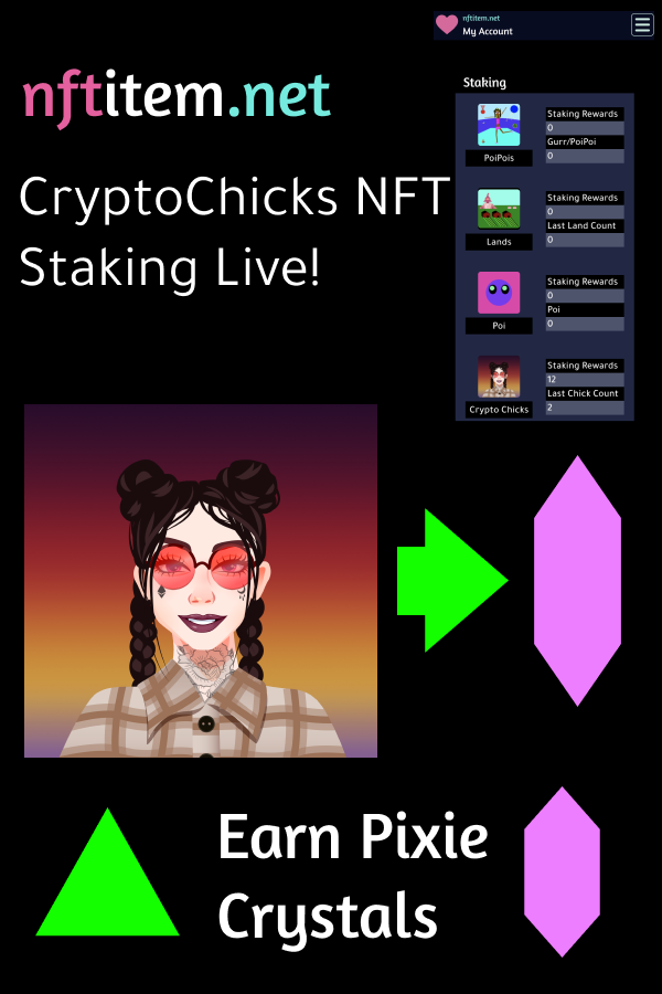 DogeDestinyApp's tweet photo. .@NFTitem @NFTCryptoChicks NFT Staking Now Live
Earn Pixie Crystal game tokens by staking your chicks at https://t.co/YpP9CE1yZ7
#NFT #Cryptochicks #CryptoChicksNFT https://t.co/0jy2LBZIIs
