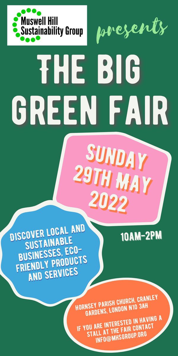 inmuswellhill's tweet image. We are excited to announce upcoming Green Fair by Muswell Hill Sustainability Group.
Save the date 
Sunday 29th of May @ Hornsey Parish Church 10am-2pm💚

#sustainability #greenfair #muswellhillsustainabilitygroup @MuswellHillSust