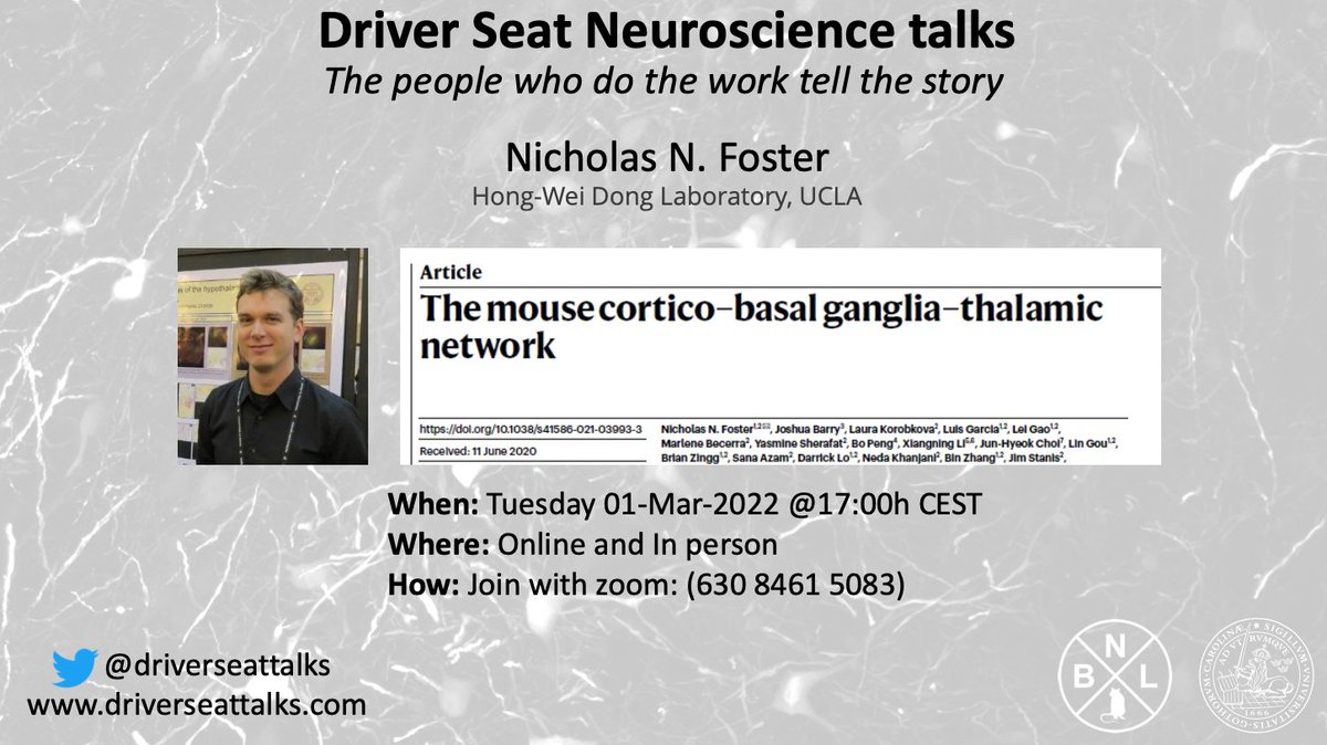 driverseattalks's tweet image. Next week we welcome Nicholas Foster, presenting his @Nature paper “The mouse cortico–basal ganglia–thalamic network” with new, detailed insights in the structure of major brain circuitry. 

Join us on Tuesday 01-March-22 at 17:00h, CET!
#OpenScience #neuroscience #ScienceTwitter