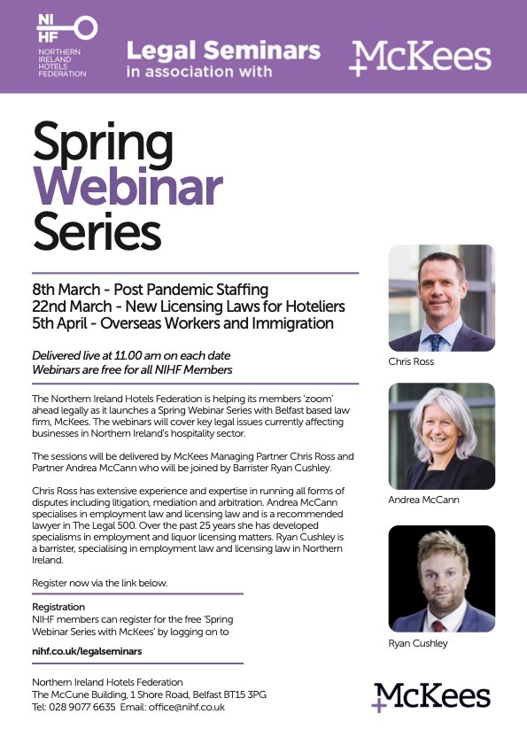 mckeeslaw's tweet photo. @mckeeslaw  in partnership with @NIHF have launched a Spring Webinar Series. The webinars will cover key legal issues currently affecting businesses in #NorthernIreland's #Hospitality  sector. To book click here https://t.co/Z387GLH72T https://t.co/MfqaYeL5xy