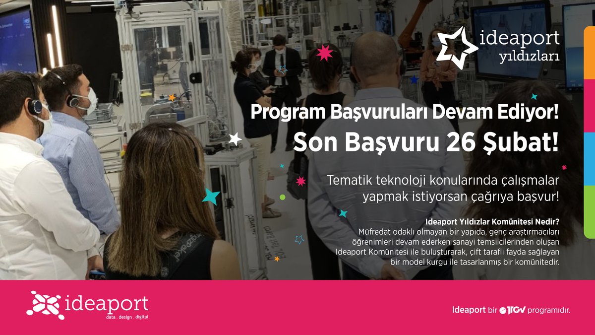 ideaport_ttgv's tweet photo. Program başvuruları için geri sayım başladı! Son 3 gün⚡
#Ideaport Yıldızlar Komünitesinde yer almak istiyorsan aşağıda yer alan bağlantı üzerinden başvuru yapabilir ve detayları inceleyebilirsin ✔ https://t.co/Sfgnqx2M5P
#YıldızlarKomünitesi #teknoloji #malzeme #endüstri https://t.co/DSDp0hPVNC