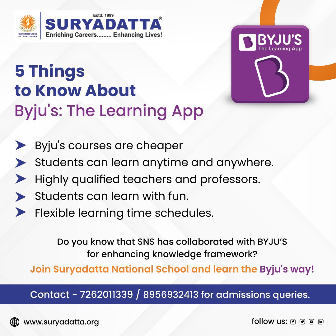 Suryadatta_Pune's tweet photo. In order to enhance the knowledge of the learners,#SuryadattaNationalSchool has invested in “BYJU’S – The Learning TV”,which gives learners complete access to BYJU’S content to be used as a learning aid at home and school!
#SuryadattaGroupOfInstitues #sns #byjus #byjuslearningapp https://t.co/voHzBw1bLg