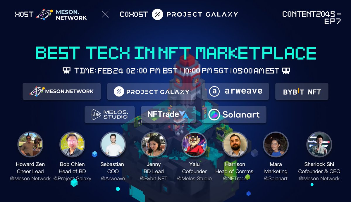 🧐Time to look into <NFT Marketplace>#Content2049
🙋‍♀️Join us for the discussion with <a href="/ProjectGalaxyHQ/">Now Galxe (Previously Project Galaxy)</a>, <a href="/ArweaveTeam/">ArweaveTeam</a>, <a href="/Bybit_NFT/">Bybit NFT</a>, <a href="/melos_studio/">Melos Studio</a>, <a href="/NFTradeOfficial/">NFTrade</a>, and <a href="/SolanartNFT/">Solanart - Instant Loans Now Live</a>.
⏰Feb 24, 02:00 PM BST | 10:00 PM SGT | 09:00 AM EST
⏳Stay tuned to space: x.com/i/spaces/1OwxW…
