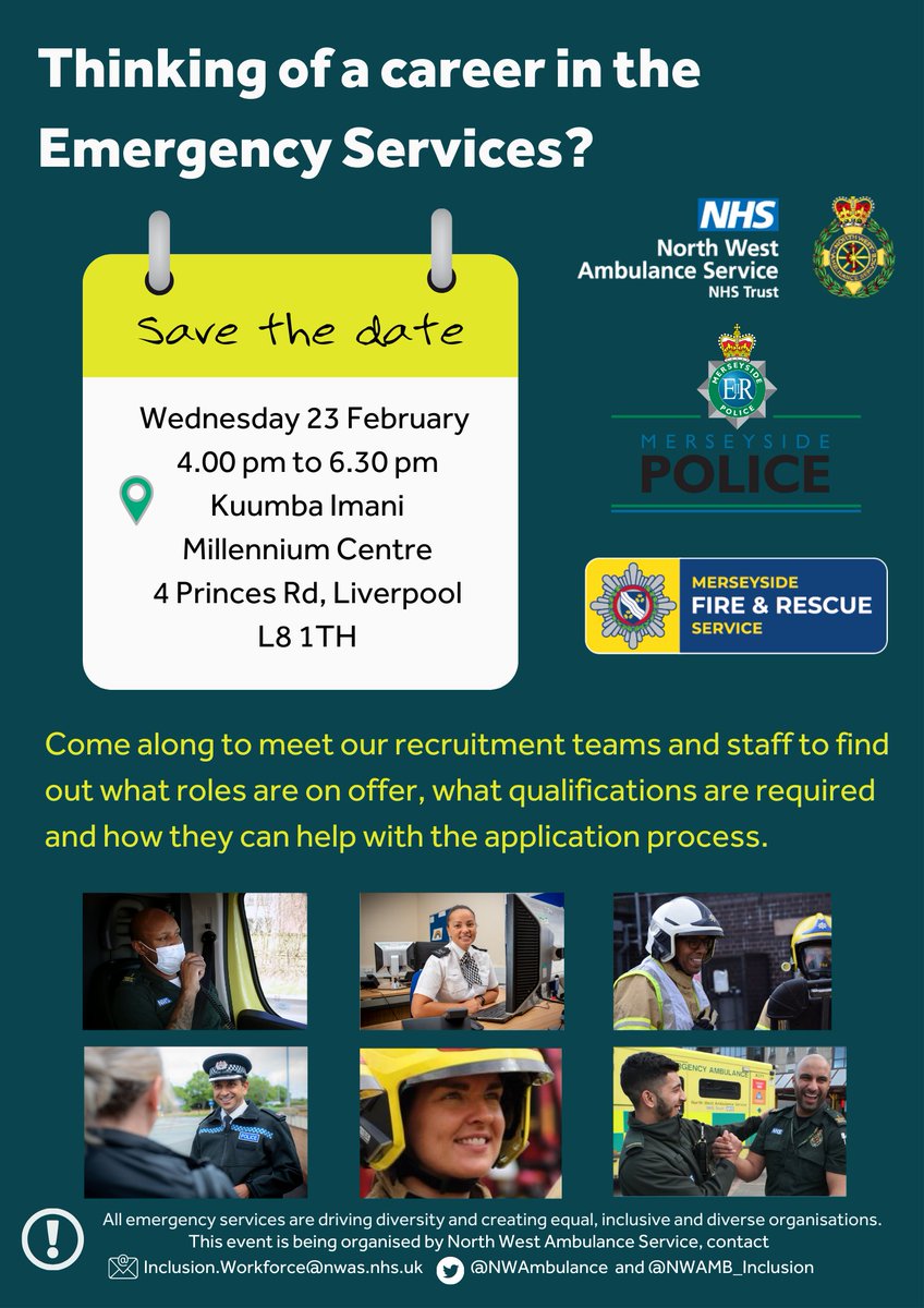 NWAmbulance's tweet photo. EVENT: Thinking of a career in #TeamNWAS? Our Recruitment Team will be at the Kuumba Imani Millennium Centre in Liverpool today from 4pm. We will be joined by @MerseyFire and @MerseyPolice  
#Careers #EmergencyServices https://t.co/sL78BqgMWs