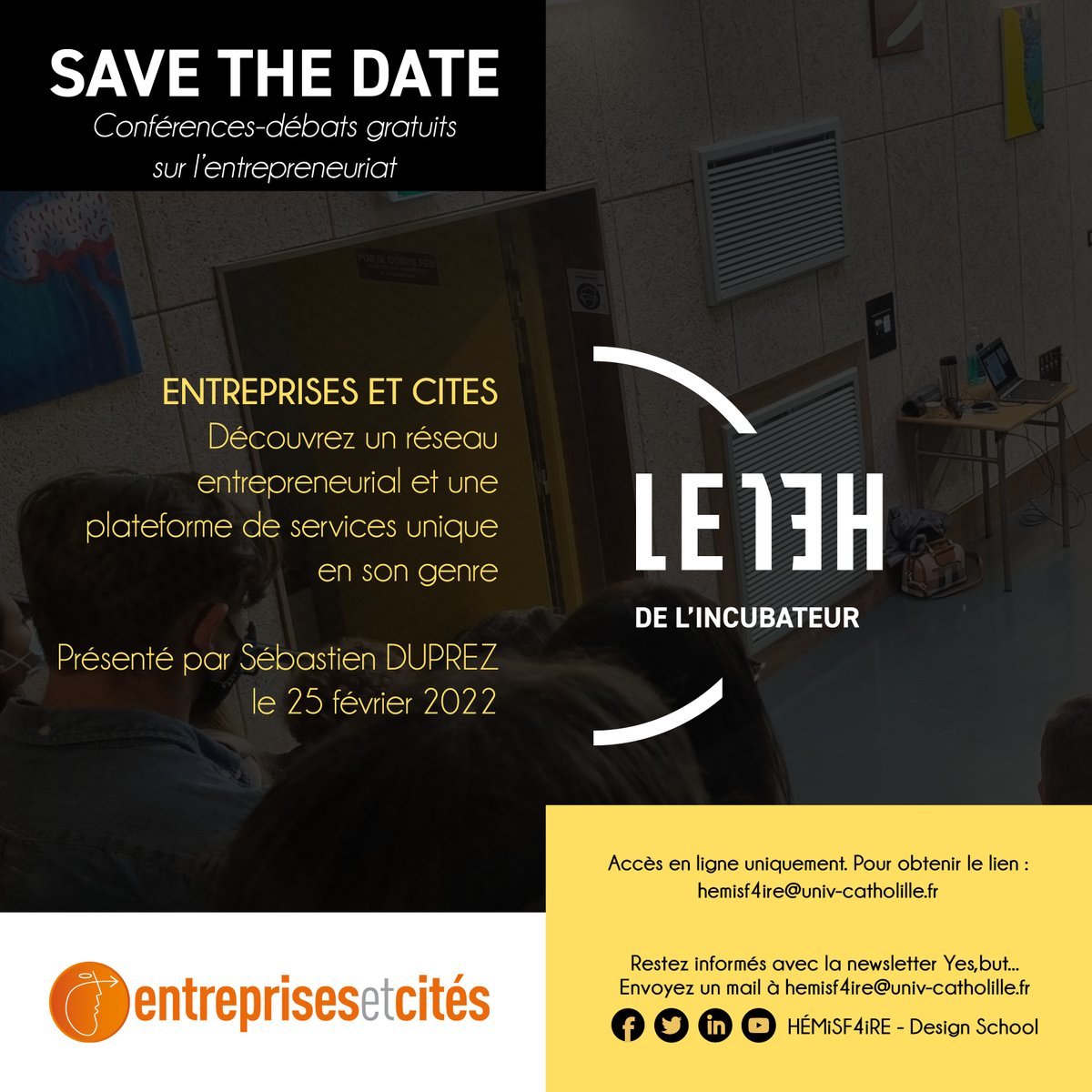 Vous ne connaissez pas <a href="/E_Cites/">Entreprises & Cités</a> ?

Le temps d'un 13h de l'incubateur, <a href="/directseb/">Duprez Sébastien</a> vous invite à découvrir un réseau entrepreneurial au service des #entrepreneurs et de l'excellence du #territoire.

📅 25 février à 13h
💻 Demandez votre lien zoom : hemisf4ire@univ-catholille.fr
