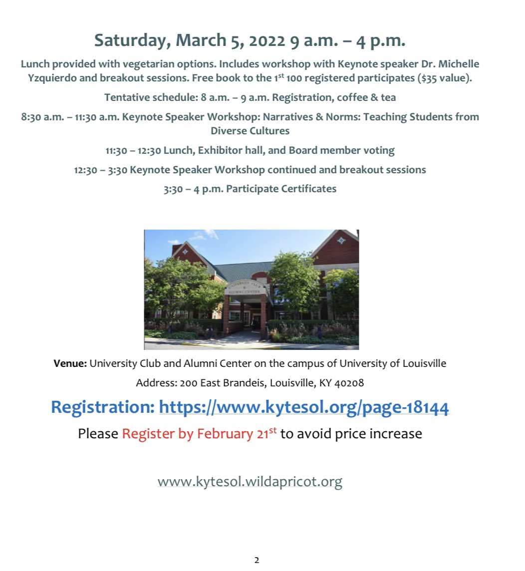 KYTESOL's tweet photo. Just in time to register for this year’s @KYTESOL conference! Author Michelle Yzquierdo workshop and great regional presentations. #PathwaysToGreatness https://t.co/PMUKSCpVw5 https://t.co/zjssvytTQK