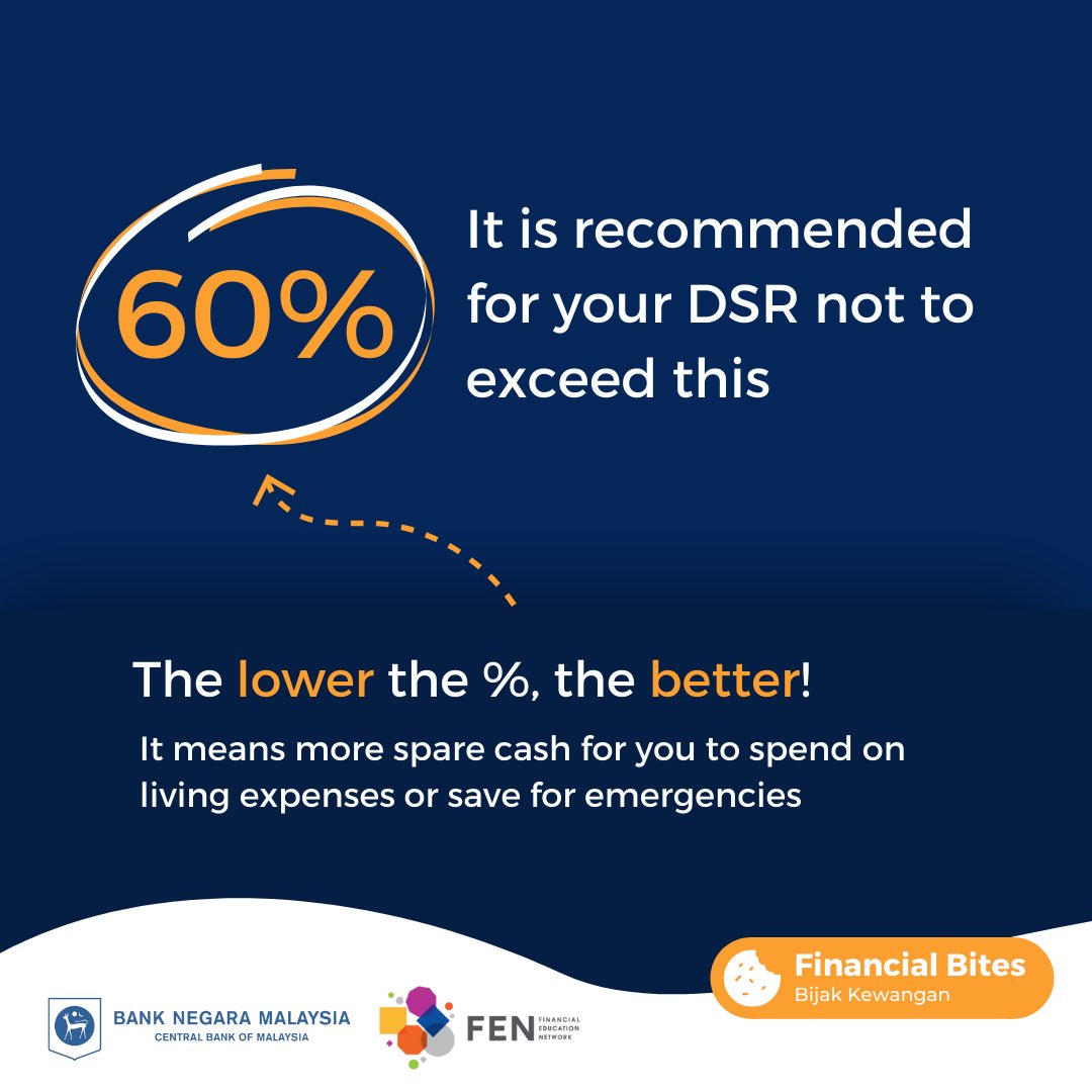 BNM_official's tweet photo. The lower your debt-service-ratio, the better! Don't take up too many loans to the point where you can't keep up with your commitments.
You can register & access your CCRIS report 👉 https://t.co/5vbMxJsO3C
#BNM #CCRIS #eCCRIS #financialliteracy #financialbites #financialtips https://t.co/3FiJJrYD55