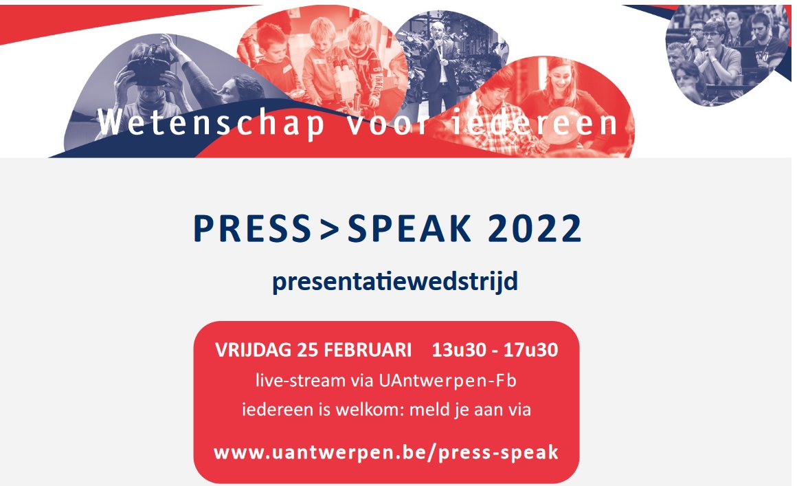 UAntwerpen_Comm's tweet photo. Op vrijdag 25/2 zal de PRESS>SPEAK wetenschapscommunicatiewedstrijd voor jonge onderzoekers plaatsvinden. O.a. onze eigen @kenzalamot (@AMSoC_UA, @m2p_be) zal daar haar onderzoek over nieuwswebsites &amp; analytics brengen. Meer info &amp; online registratie: https://t.co/yHh9DePz2n https://t.co/I6AdpeRet4