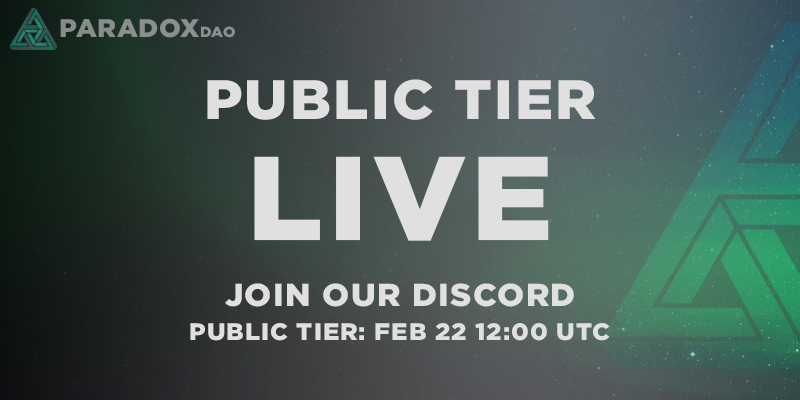 PUBLIC IDO WILL BE HELD UNTIL FEB 28th
ido.paradoxdao.com/#/

🔺 IDO Price $5
🔺 Launch Price $15
🔺 IDO Allocation 24,000 PRDX
🔺 Max buy 200 DAI

We're providing support bridging to <a href="/auroraisnear/">Aurora</a> 
Go to Discord discord.gg/paradoxdao and ask for faucet if you need to