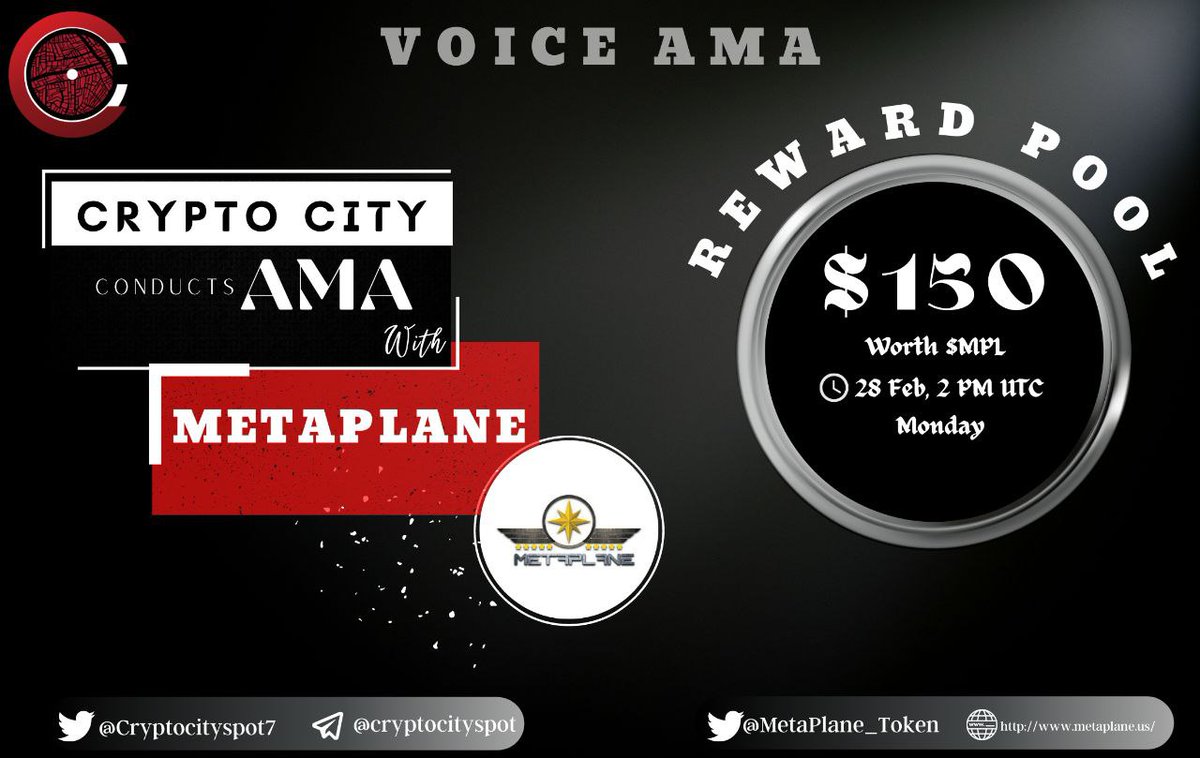 navex_eth's tweet photo. Crypto City is going to hold an AMA with @MetaPlane_Token
 in @Cryptocityspot7 
Telegram community.
Reward: 
150$ worth $MPL
Time: 
Feb 28th, 2022
2 PM UTC.
 
Follow 
1. @Cryptocityspot7
2. @MetaPlane_Token
Like , retweet &amp; tag 3 friends. https://t.co/sjUBbrp3E7