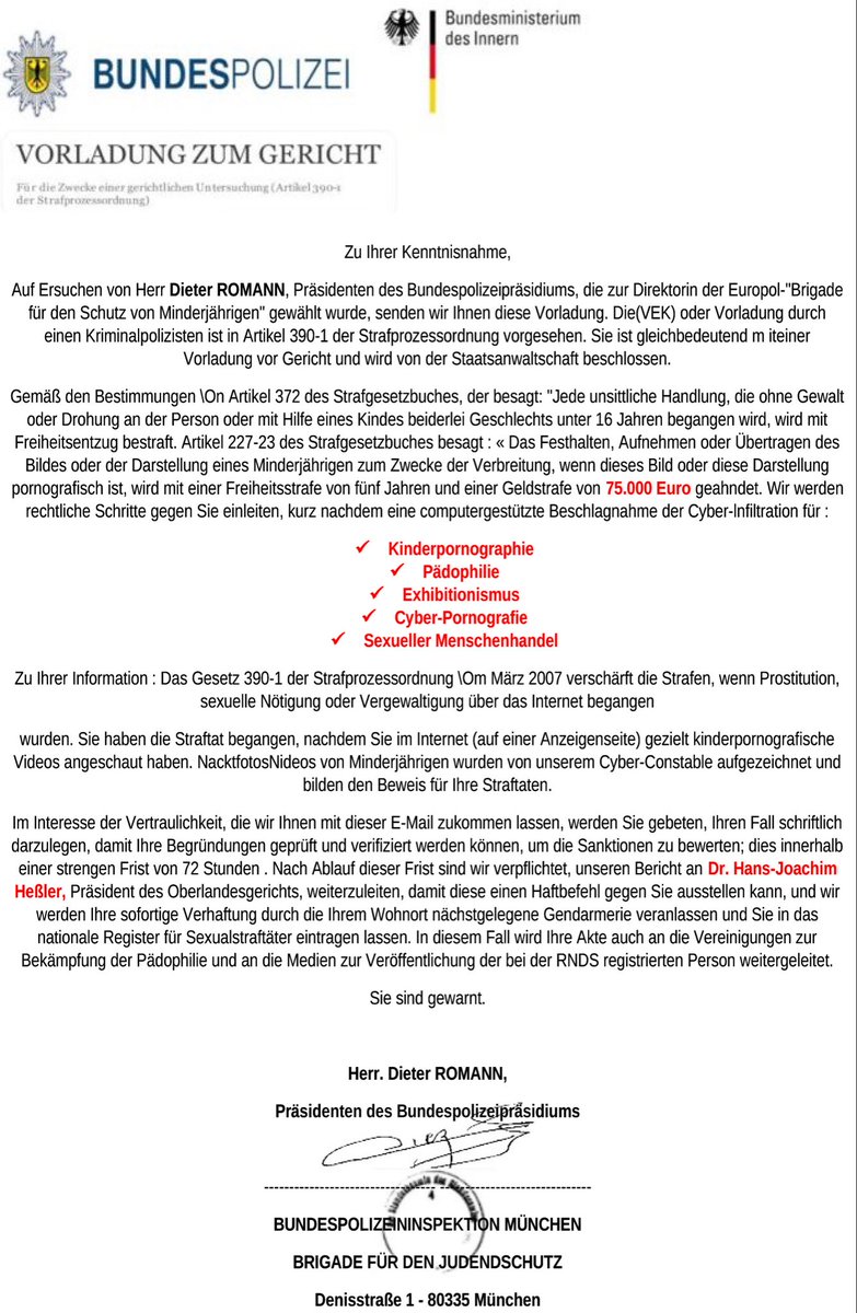 bpol_by's tweet photo. Achtung ‼️

⚠️ Warnung vor Betrugs-Mails

Diese E-Mail (oder ähnliche) sind KEINE Schreiben der #Bundespolizei
➡️ Antworten Sie nicht!
➡️ Bezahlen Sie kein Geld!
➡️ Erstatten Sie Strafanzeige!

Weitere Informationen: https://t.co/E2jCbdpW5U
*DM https://t.co/MFKCTJ4mWm
