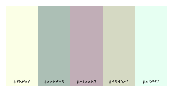 ColPaletteBot's tweet photo. Beep beep, here's a pretty color palette for you!
color-scheme.js parameters used:
- hue: 343
- variation: pale
- colors: #fbffe6, #acbfb5, #c1aeb7, #d5d9c3, #e6fff2
Have a lovely day!
#twitterbot #colorpalette #colors #palette #prettycolors https://t.co/YOyk9WVdn1