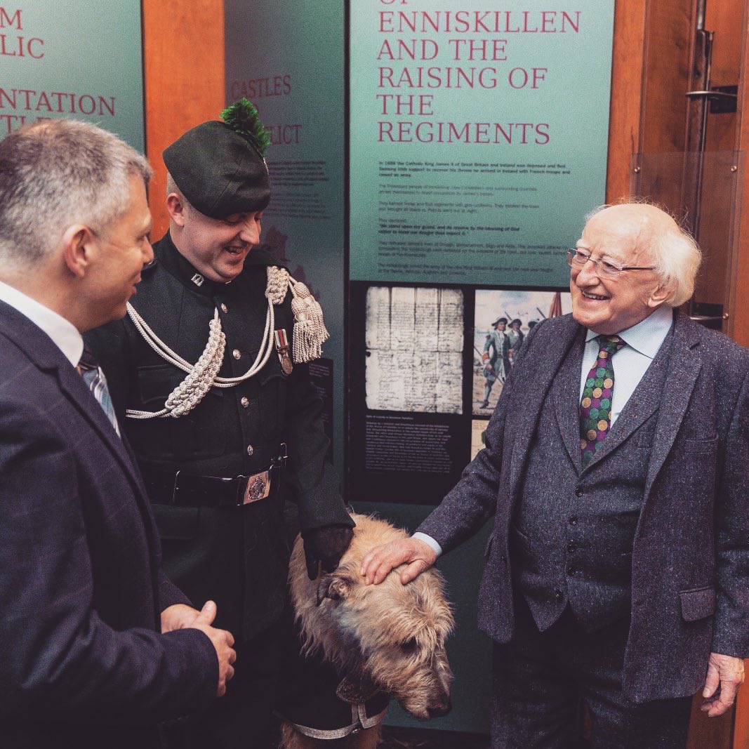 President Higgins is greeted by Brian Boru X (pet name Conrí meaning Wolf King) <a href="/RIrishRegiment/">The Royal Irish Regiment</a>’s Mascot at <a href="/Inniskillings/">Inniskillings Museum</a> Co. Fermanagh