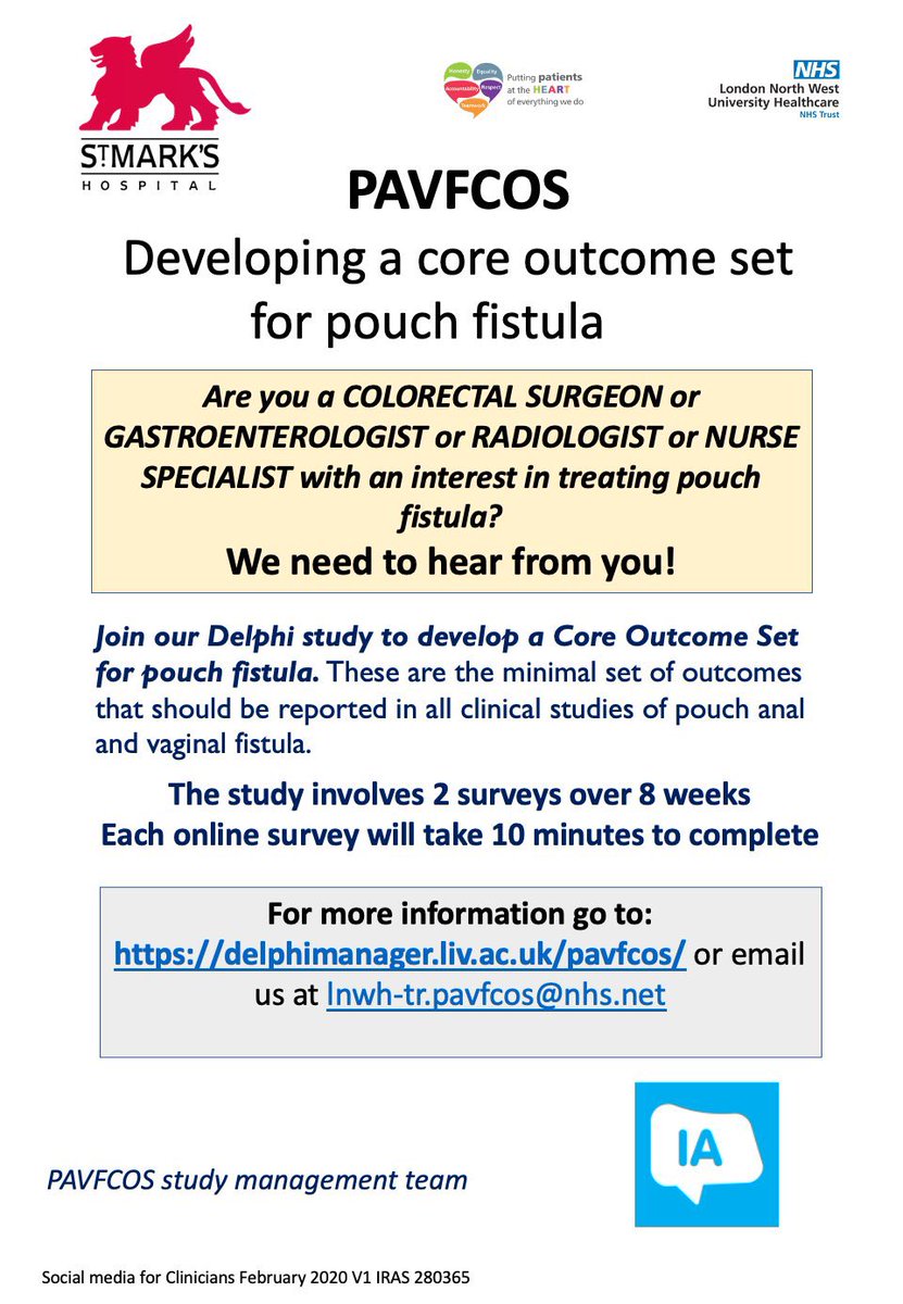 Lillian Reza (@lillianreza) on Twitter photo ๐ฃ Calling all Colorectal surgeons, gastroenterologists, radiologists & nurse specialists treating pouch fistula -please take part in our Delphi study.
๐ 2 surveys, 10 minutes to complete.
๐จ Email lnwh-tr.pavfcos@nhs.net
๐ delphimanager.liv.ac.uk/pavfcos/ ๐ฃ Calling all Colorectal surgeons, gastroenterologists, radiologists & nurse specialists treating pouch fistula -please take part in our Delphi study.
๐ 2 surveys, 10 minutes to complete.
๐จ Email lnwh-tr.pavfcos@nhs.net
๐ delphimanager.liv.ac.uk/pavfcos/