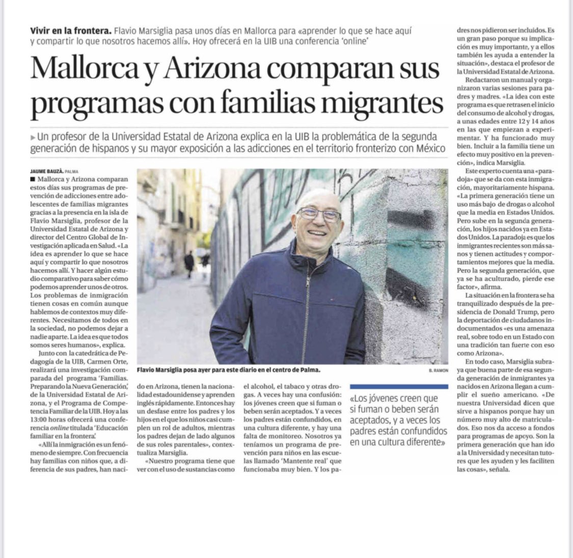 COrteSocias's tweet photo. Entrevista al Director del #GlobalCenterforAppliedHealthResearch de @ArizonaState @FlavioMarsiglia en @diariomallorca @GIFES_Uib @UIBuniversitat #familyprevention #evidencebasedprevention https://t.co/vPn0HP5cDm