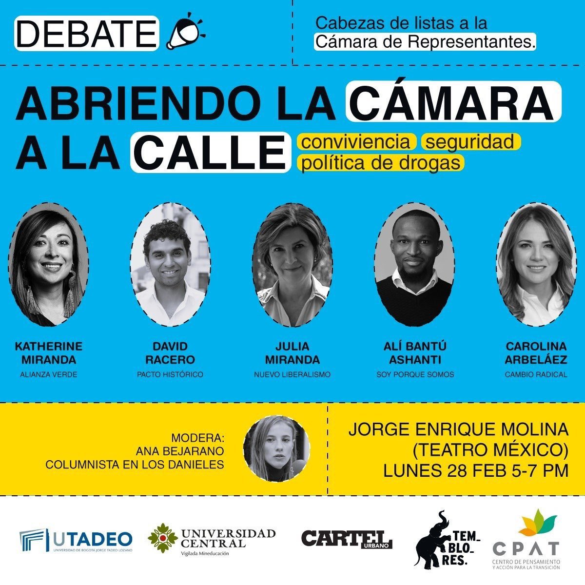 cpat_ong's tweet photo. Buenos días la próxima semana se viene el debate de cabezas de lista a la cámara. Vamos juntos con @TembloresOng @Utadeo_edu_co @ucentralbogota @cartelurbano y @cpat_ong . El tema no puede ser mejor! Drogas, seguridad y policía 
Inscríbete acá https://t.co/7JvkUn133F https://t.co/bNEsiip2tI