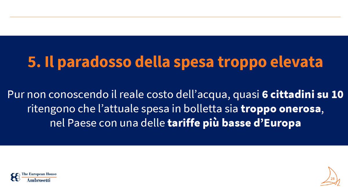 "Non conosco il reale costo dell'#acqua ma è troppo". Questa la percezione in Italia a fronte di una delle tariffe più basse in #Europa #ValoreAcqua <a href="/ValerioDeMolli/">Valerio De Molli</a>