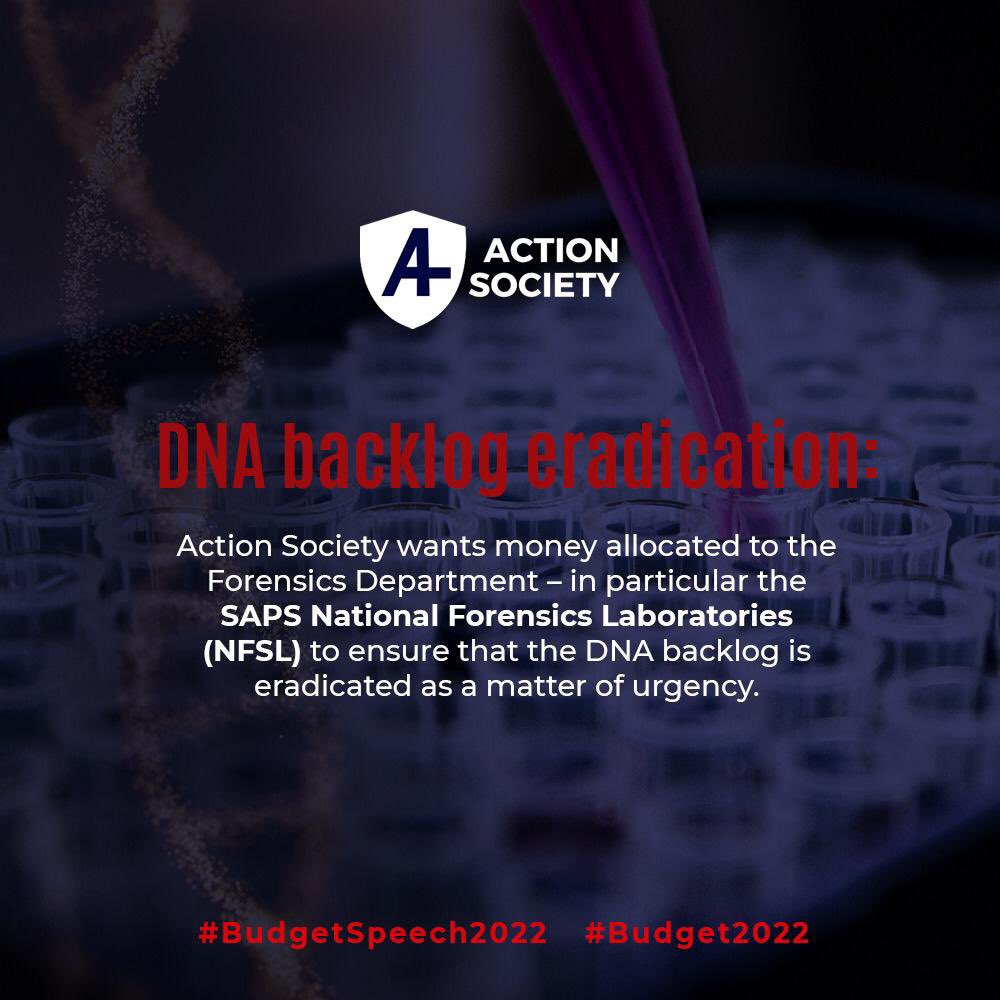 ActionSocietySA's tweet image. #BudgetSpeech2022. Action Society opinion: Money has to be allocated to the @SAPoliceService Forensics Department.

SAPS National Forensics Laboratories (NFSL) needs to be funded and equipped to ensure that the #DNAbacklog is eradicated as a matter of urgency.

#Budget2022
