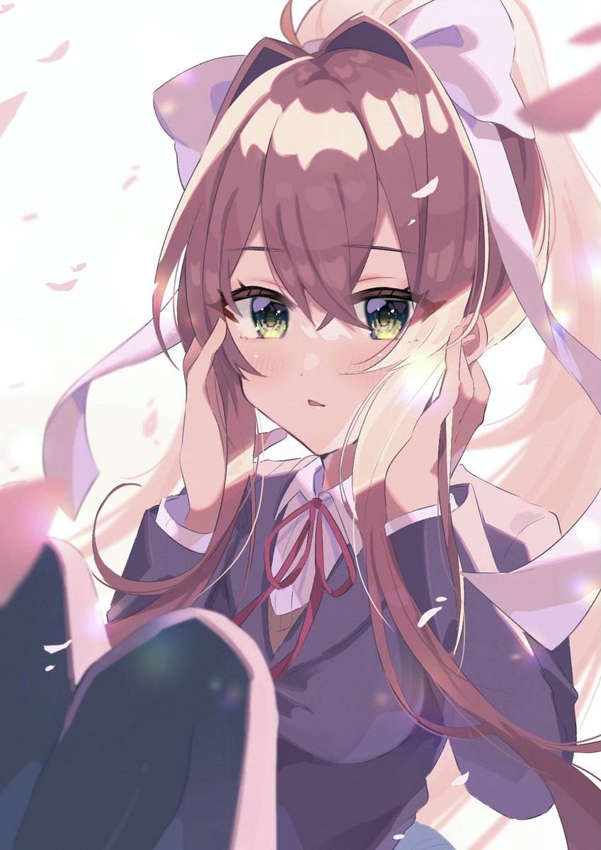 monika (doki doki literature club) 1girl solo green eyes school uniform ponytail brown hair long hair  illustration images