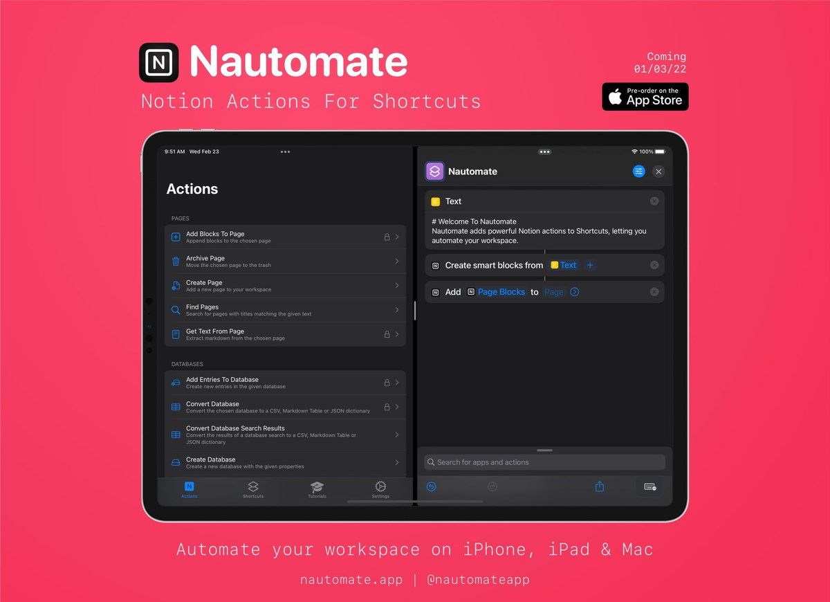 NautomateApp's tweet image. Nautomate is a new app which adds powerful, native @NotionHQ actions to Shortcuts, giving you automation superpowers 🦸🏻♂️ 
🗓 It’ll be released on Tues 1st and is free to download on iPhone, iPad & Mac.
Pre-order below to get it as soon as it drops! 🔥
apps.apple.com/us/app/nautoma…