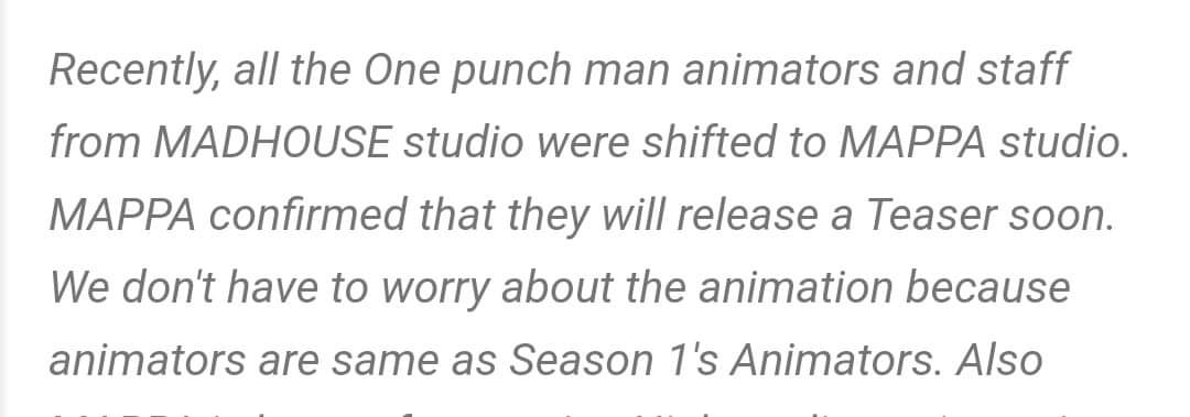 One Punch Man Season 3 confirmed to be animated by MAPPA