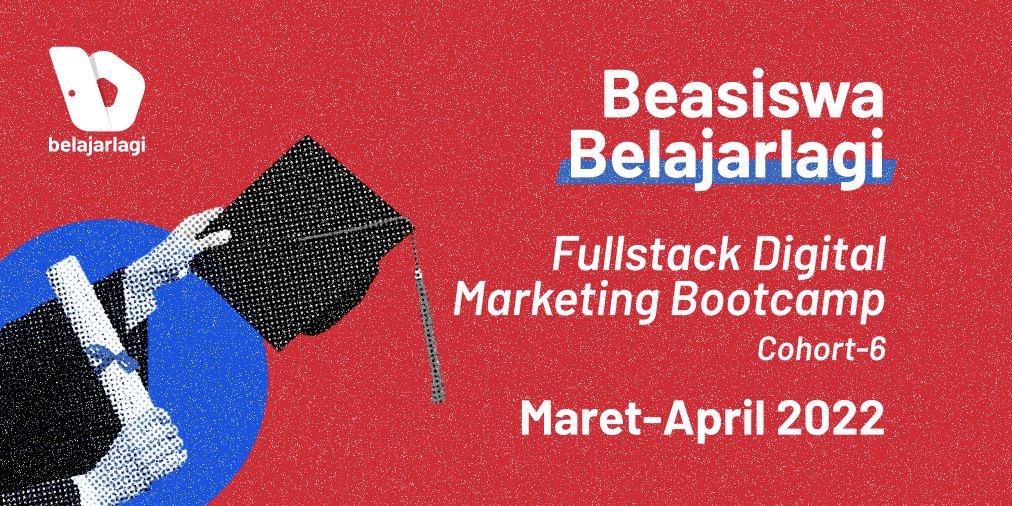 Bentar lagi Cohort 6 dibuka nih. BelajarLagi kembali mengadakan program beasiswa buat 5 orang.

Caranya:
1. RT &amp; like tweet ini
2. Follow Twitter &amp; IG @belajarlagihq
3. Reply alasan kamu kenapa pingin ikut bootcamp ini. Jangan lupa juga cantumin bukti follow kamu yaa.