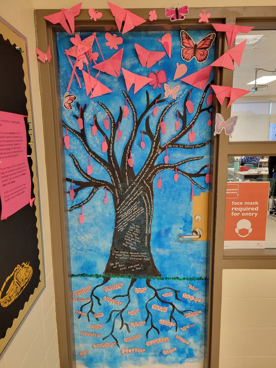 kelly_chatz's tweet photo. "Decorate your door" they said. So....my BRILLIANT grade 8s came up with this. @CastlemoreYRDSB #proudteacher #PinkShirtDay2022 #antioppression #kindnessisnotenough https://t.co/nbd6vIzZZr