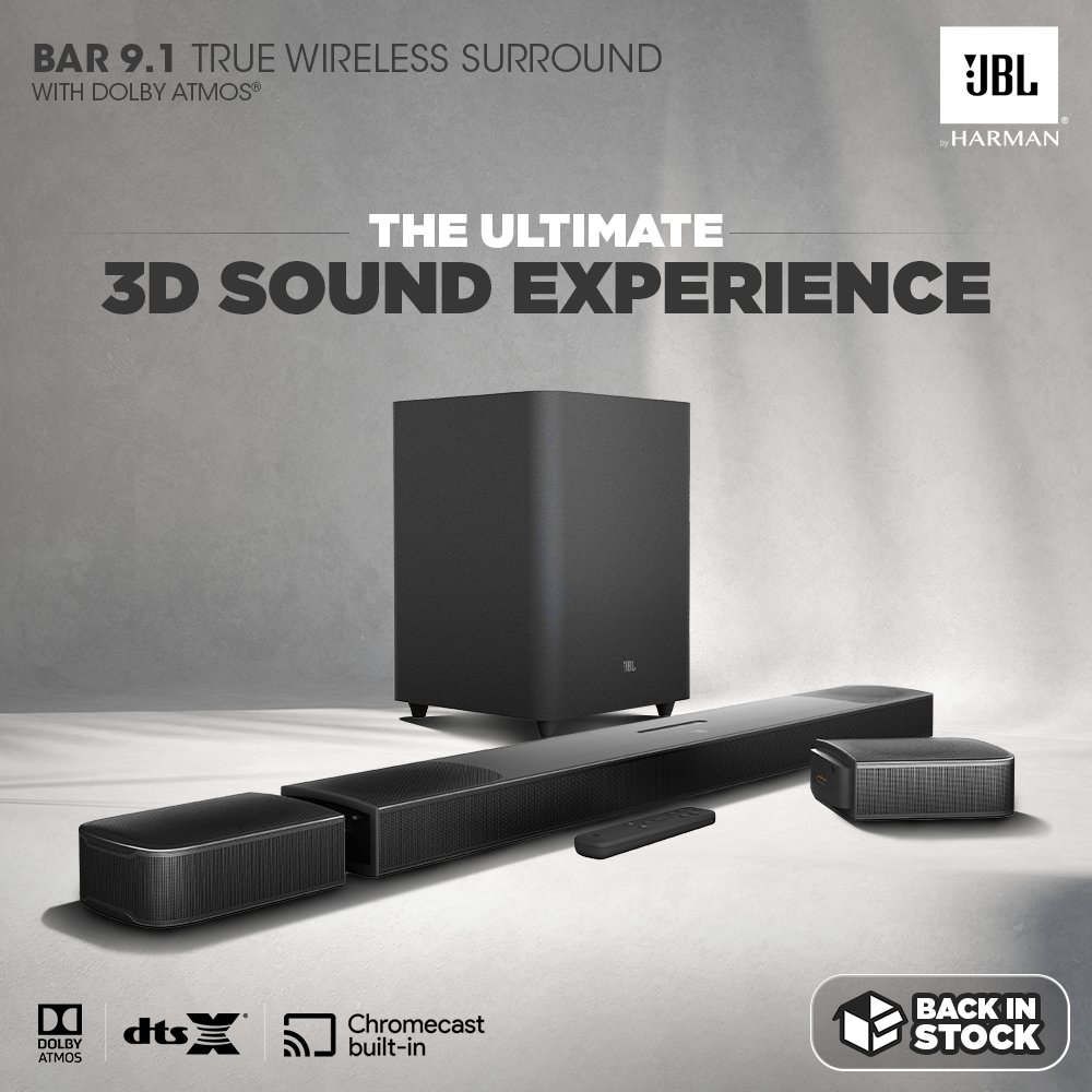 JBLSoundIn's tweet photo. Elevate your Home Entertainment experience with JBL Bar 9.1!
🔥 DOLBY ATMOS
🔥 dtsX
🔥 Chromecast built-in
Buy Now - https://t.co/QC7qTQYnSj
#JBL #JBLSoundbar #SoundBar #DolbyAtmos #Chromecast #HomeTheatre https://t.co/FF0H1hvxAh