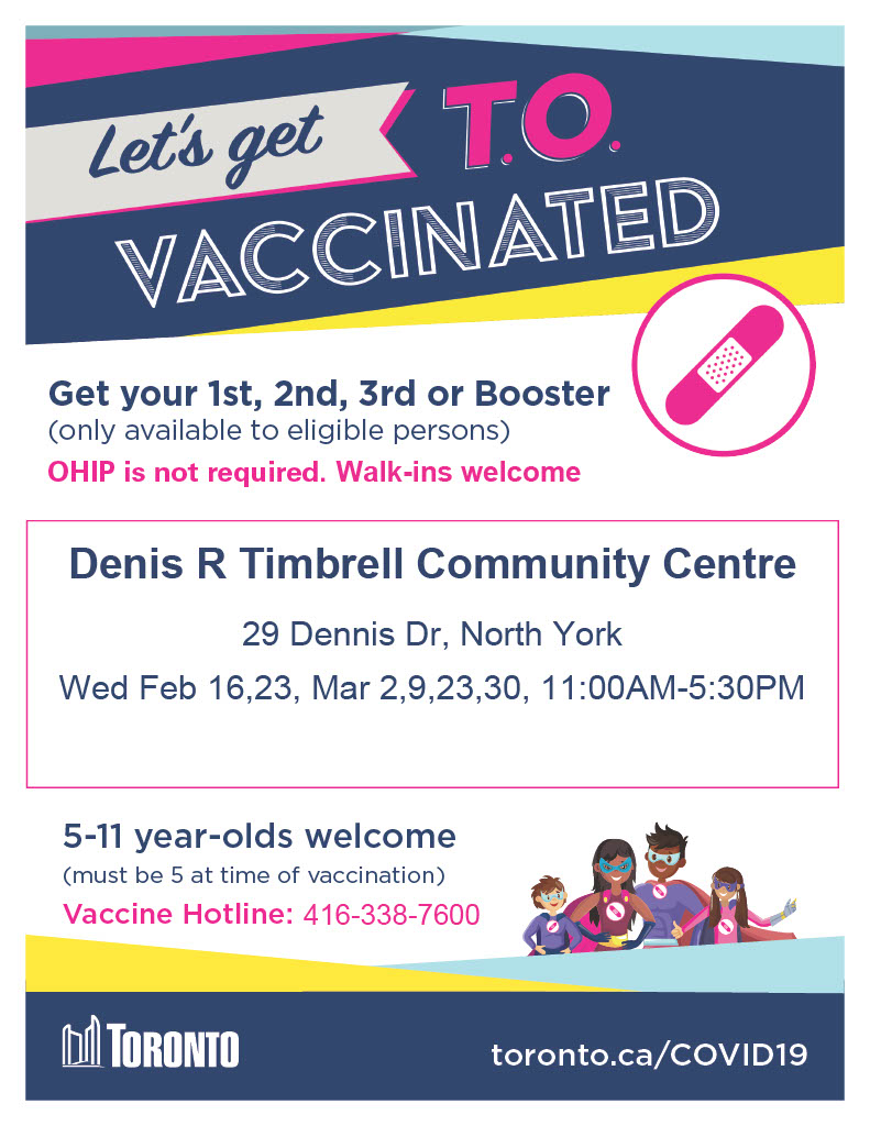 🗓TODAY
📍Come get your #COVID19 vaccine at Dennis R Timbrell Community Centre &amp; Burrows Hall Community Centre
✔1st, 2nd, 3rd, boosters &amp; kids doses available
🚫No appointments needed! 🚶Walk-ins welcome
👇See below for details