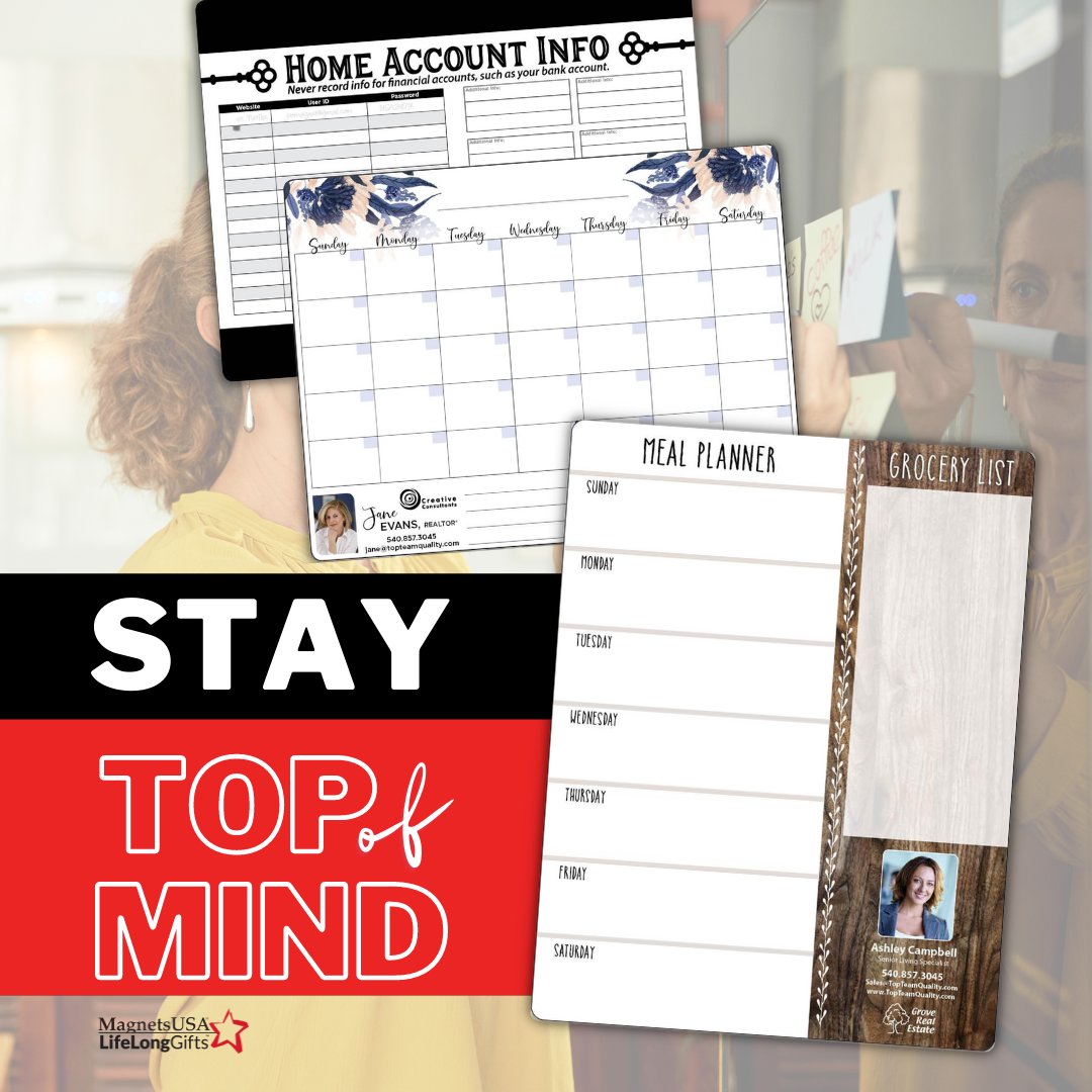 MagnetsUSA's tweet photo. More than ever growing families are in the market for a new home. Stay top-of-mind with our magnetic memo boards, meal planners + calendars. Customized with your business information, these marketing gifts provide value + help build lasting relationships. https://t.co/PVCDPiIrn7 https://t.co/pltDWRhJua