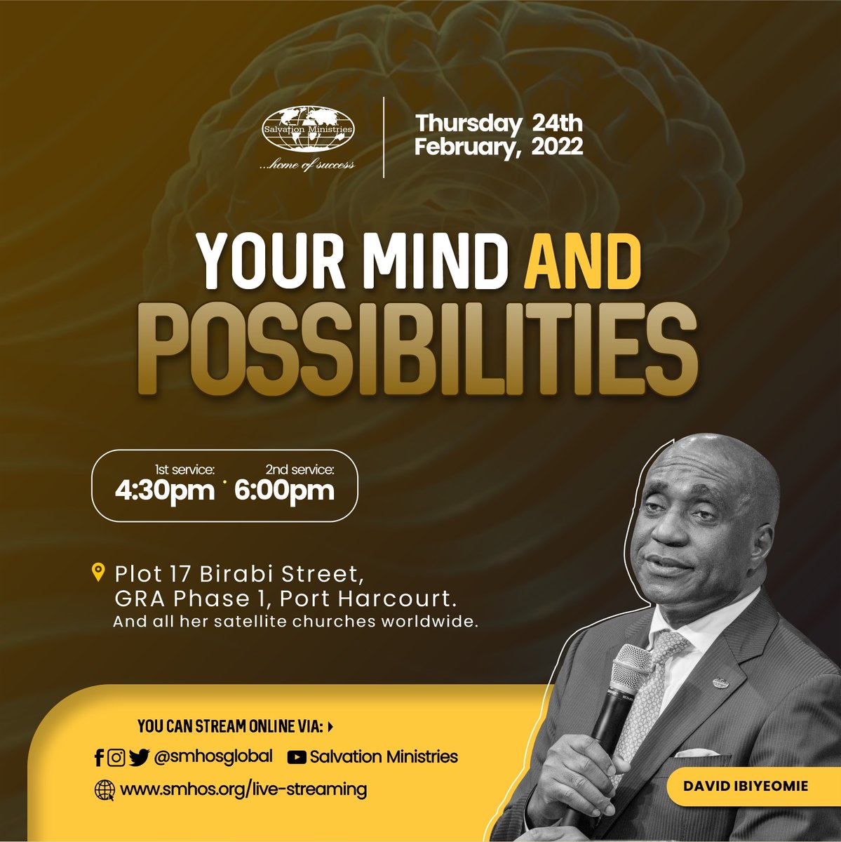 DavidIbiyeomie's tweet photo. Without your mind, God can do nothing. Whether something  is possible or not, depends on your mindset. Join us on Thursday as we encounter insight from God’s Word that will enable us to engage our minds for possibilities. https://t.co/hXvY0i7eT3
