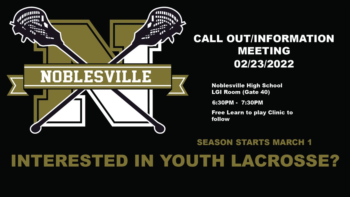 🥍🥍Call Out/Information Night Tonight 2/23/22 6:30pm to 7:30pm LGI Room (Gate 40) Noblesville High School

Free Learn to Play Clinic to follow🥍🥍