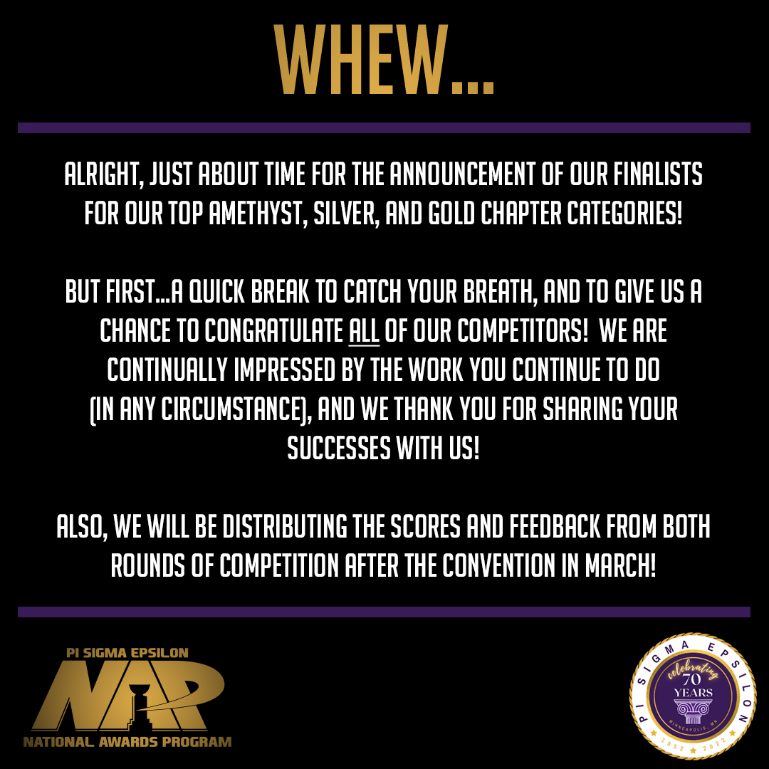 Quick pause for some congrats and a reminder - all feedback and scores will be distributed following the convention!

Now...on to our Top Chapter categories!